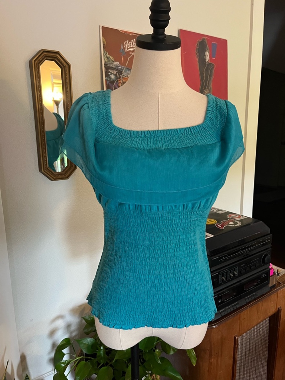 G by Guess Teal Square-Neck Smocked Cap-Sleeve Top